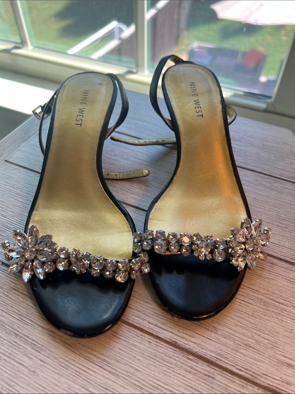 Nine West Black Strappy Heels with Crystal Floral Accents